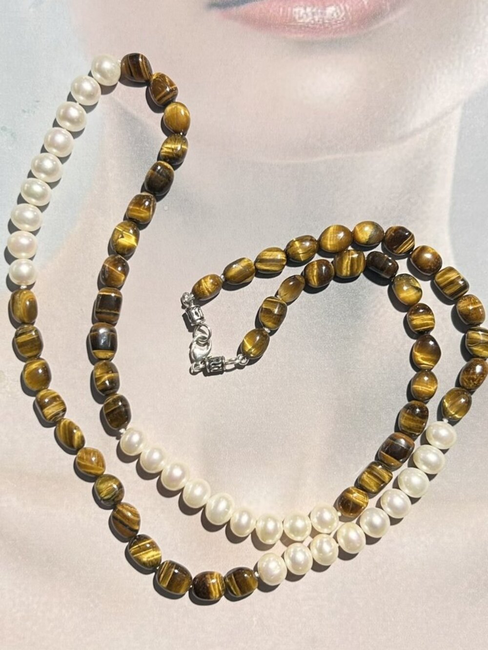 Freshwater Pearls and Tiger-Eye Gemstones Necklace.